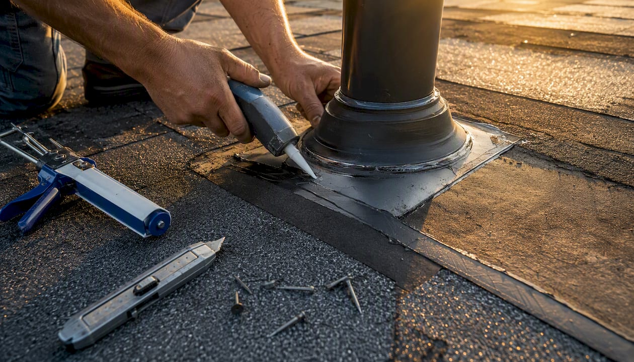 Close-up of vent pipe boot repair on roof