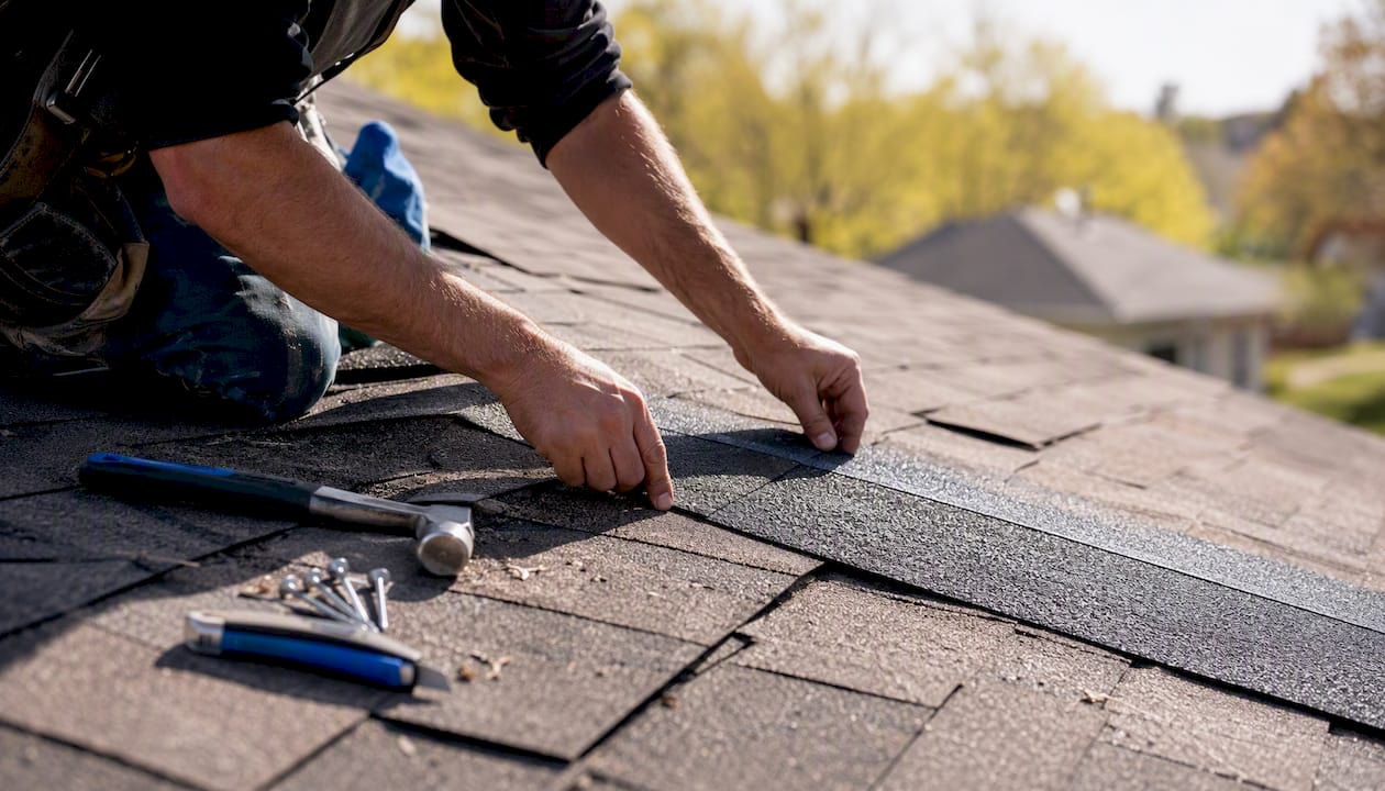 Hands manually replacing roof shingles on a house