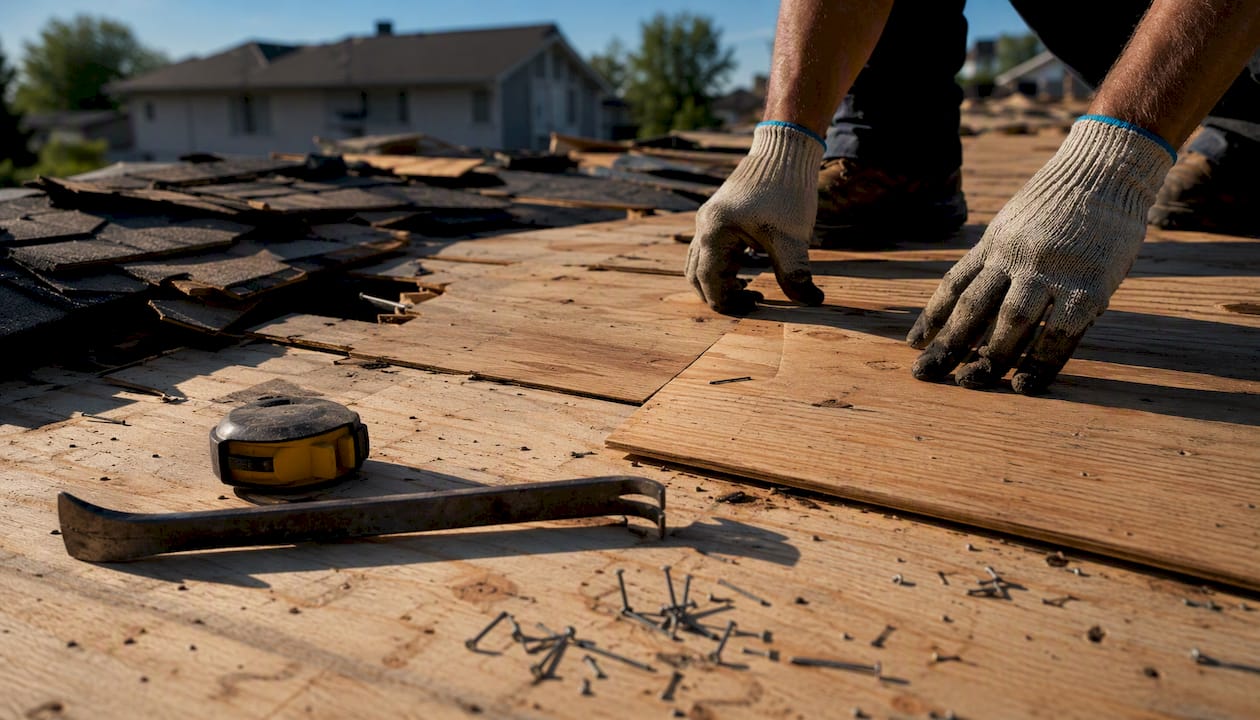 Roof decking replacement in progress