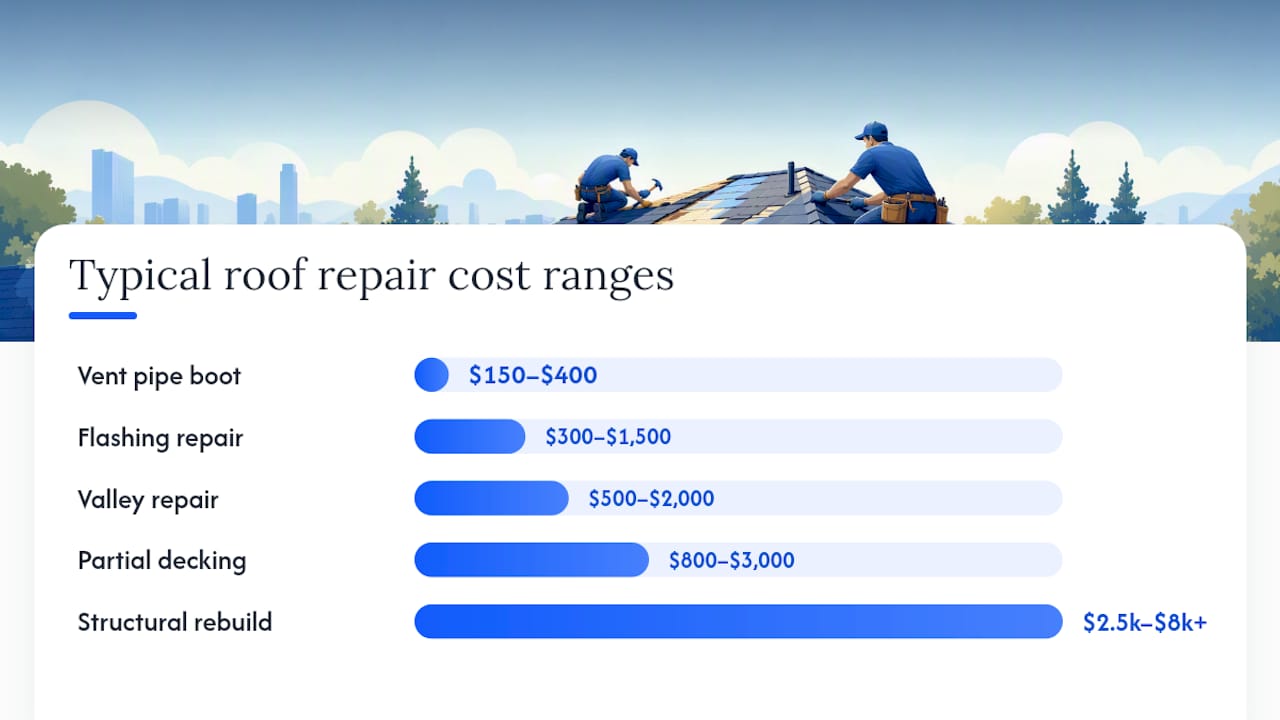 Comparison diagram of roof repair types, costs, and labor time