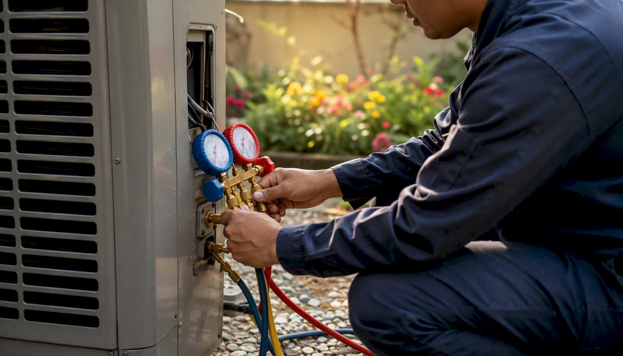 Technician charging AC refrigerant outdoors