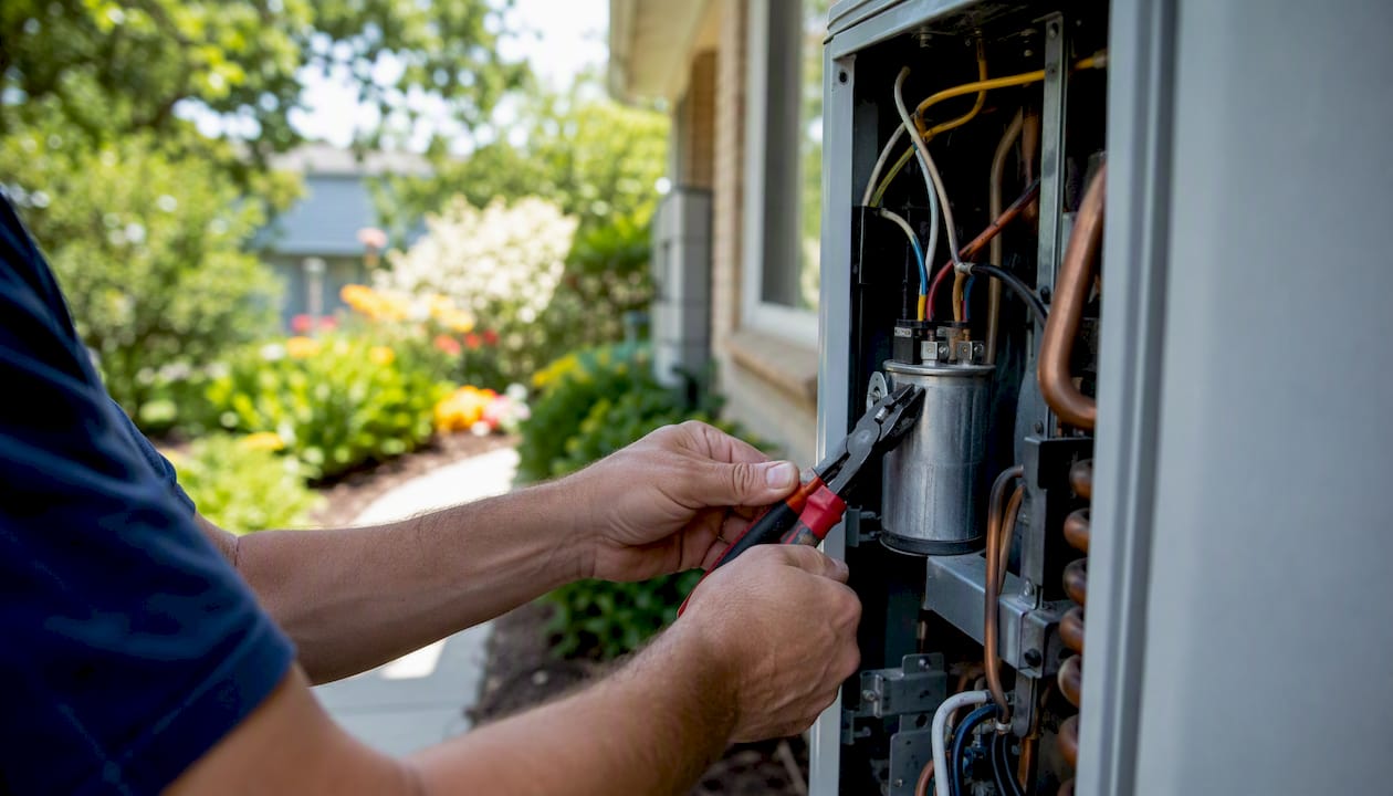 Technician repairing residential air conditioner components