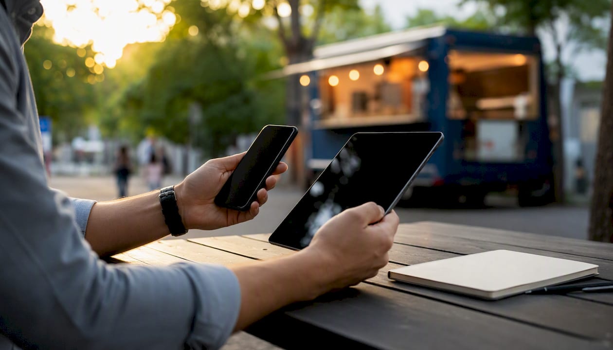 Hands uploading photos and scheduling posts for business profile