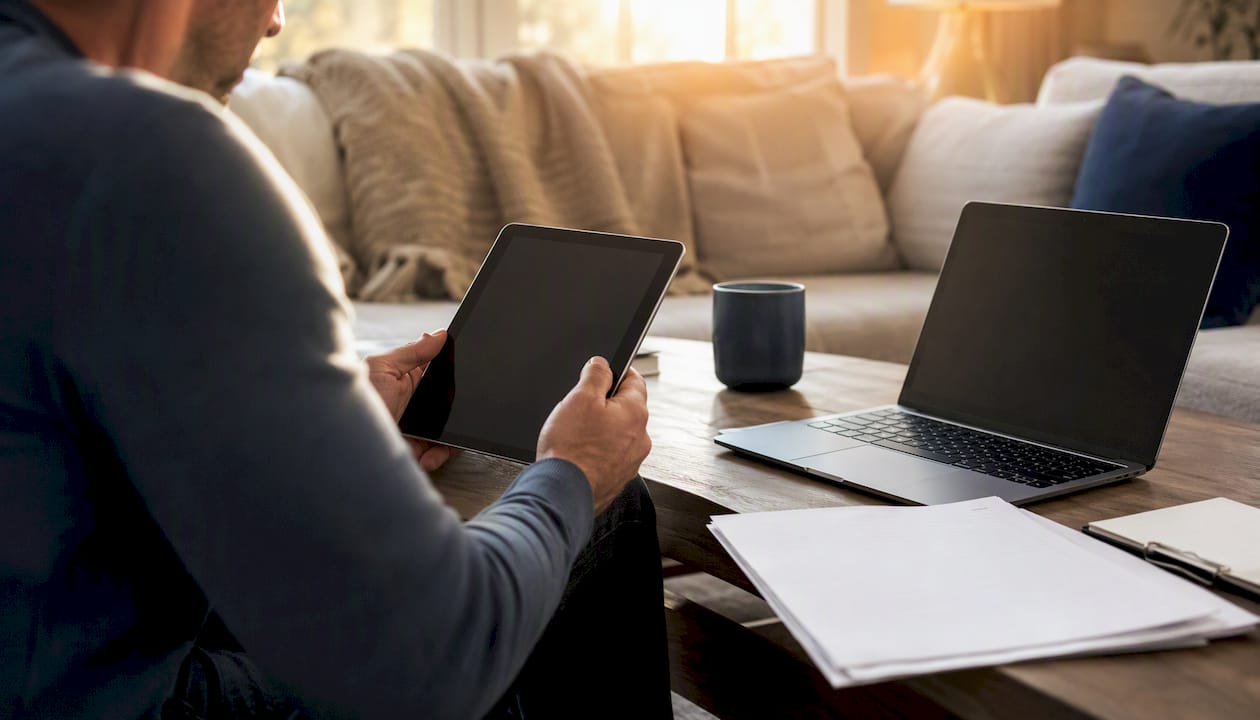 Homeowner reviewing contractor credentials at table