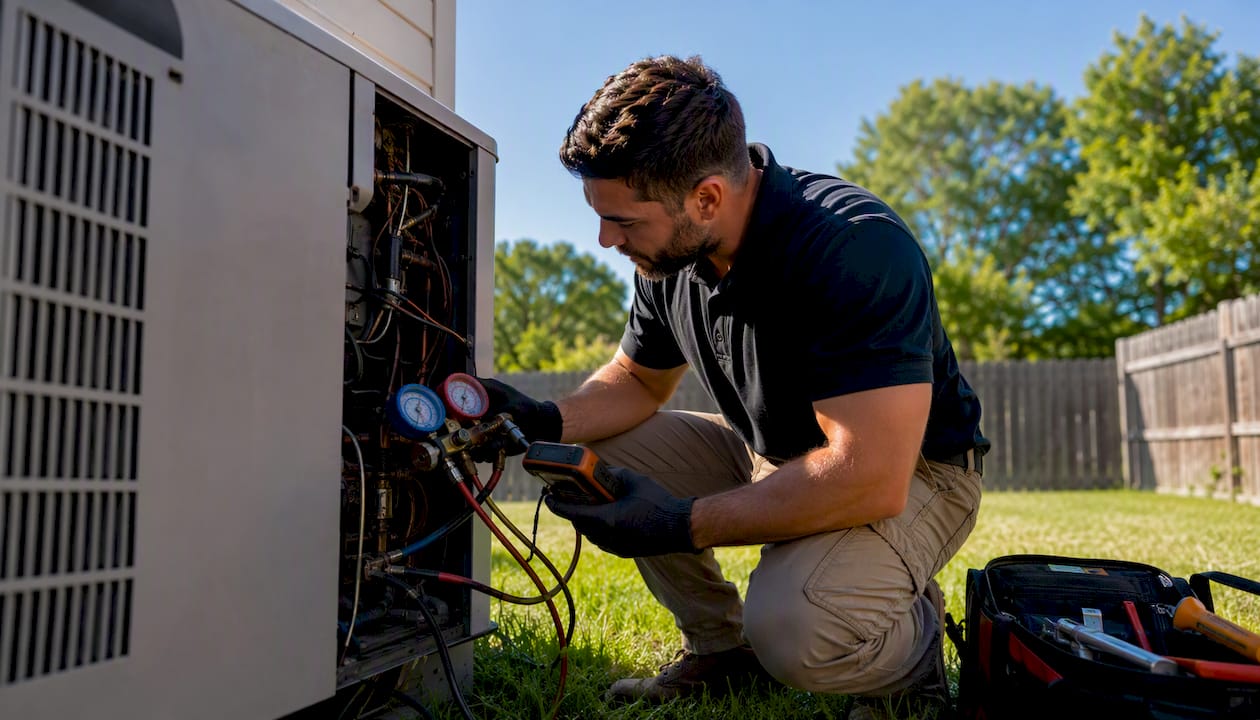 Technician adjusting air conditioning unit