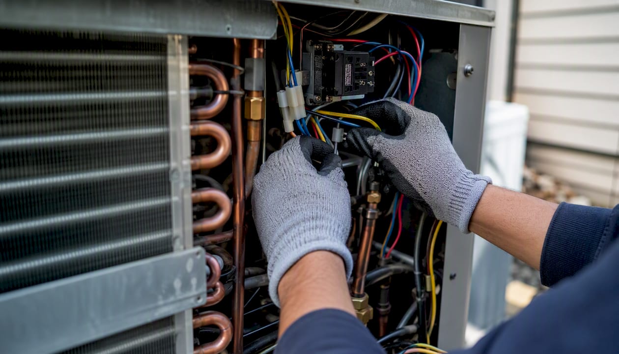 Close-up of HVAC coils and wiring inside unit