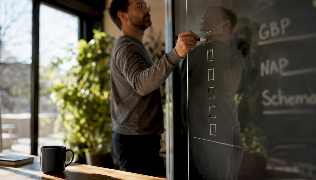 Hands writing local SEO checklist on whiteboard