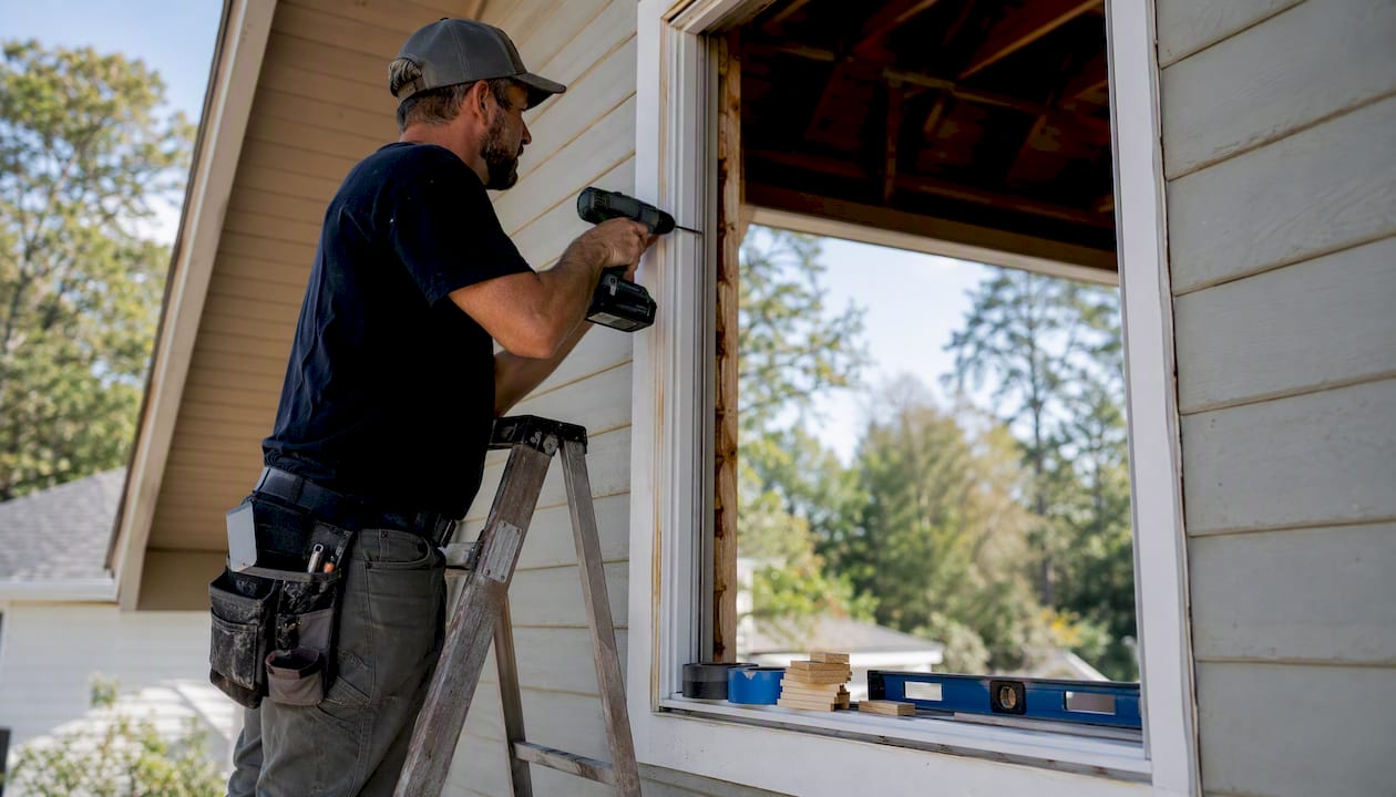 Close-up of hands installing window frame