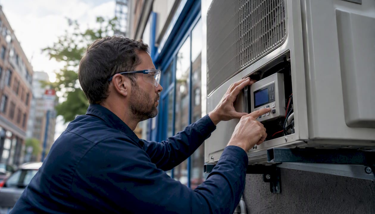 HVAC technician working on outdoor AC unit