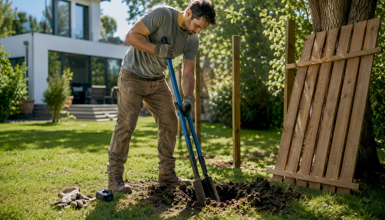 Hands digging fence post hole outdoors