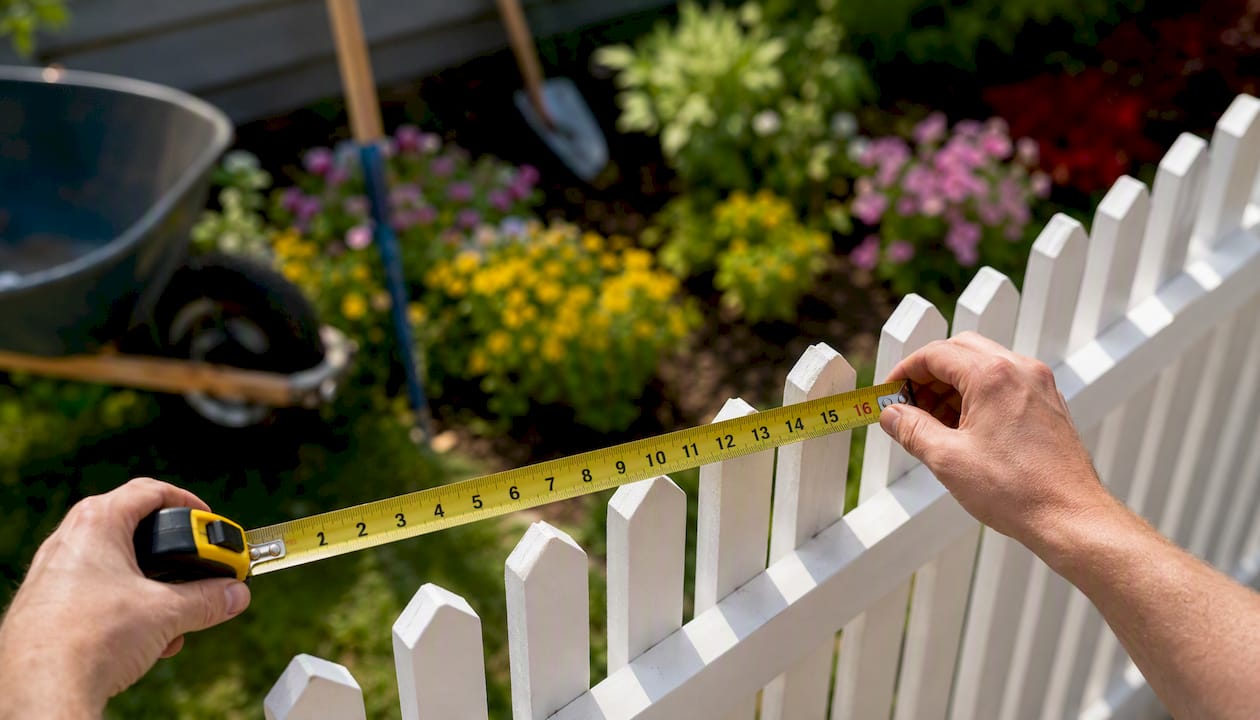 Hands measuring fence perimeter with tape