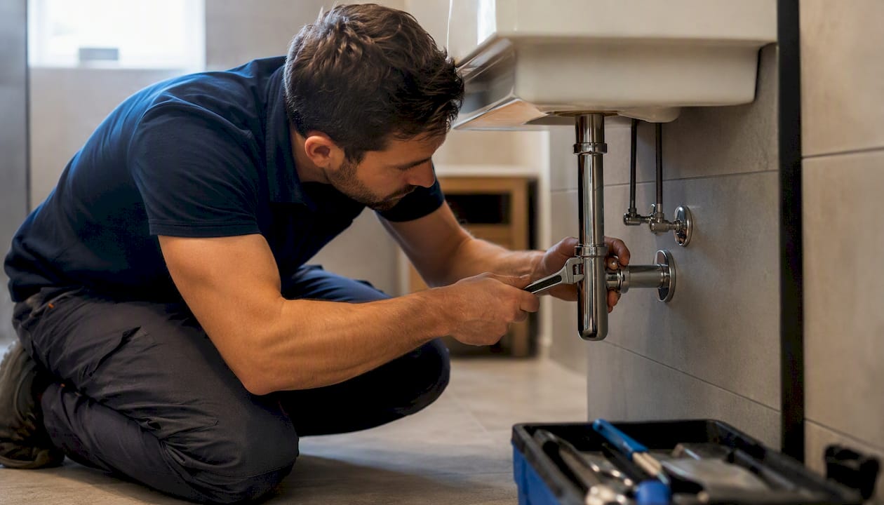 Plumber tightening pipe under sink