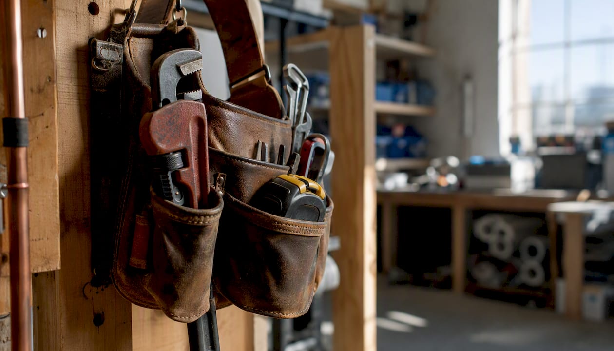 Plumber's tool belt with wrench and tape measure