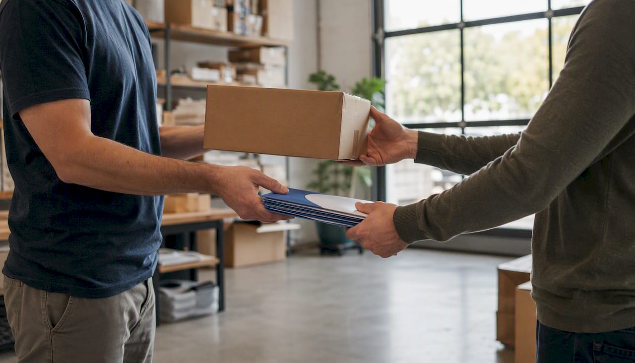 Hands exchanging supplies and flyers between partners