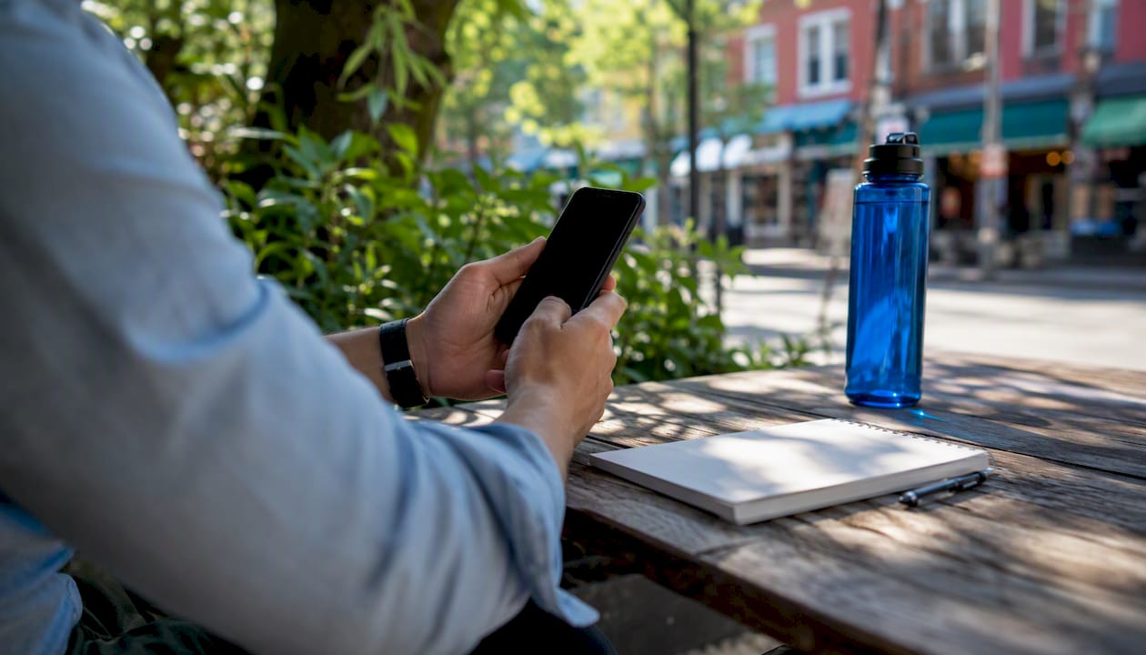 Hands with smartphone near storefront table