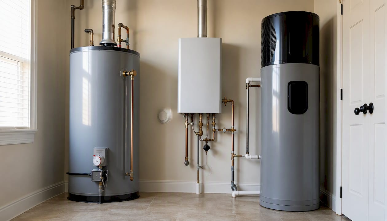 Three water heater types side by side