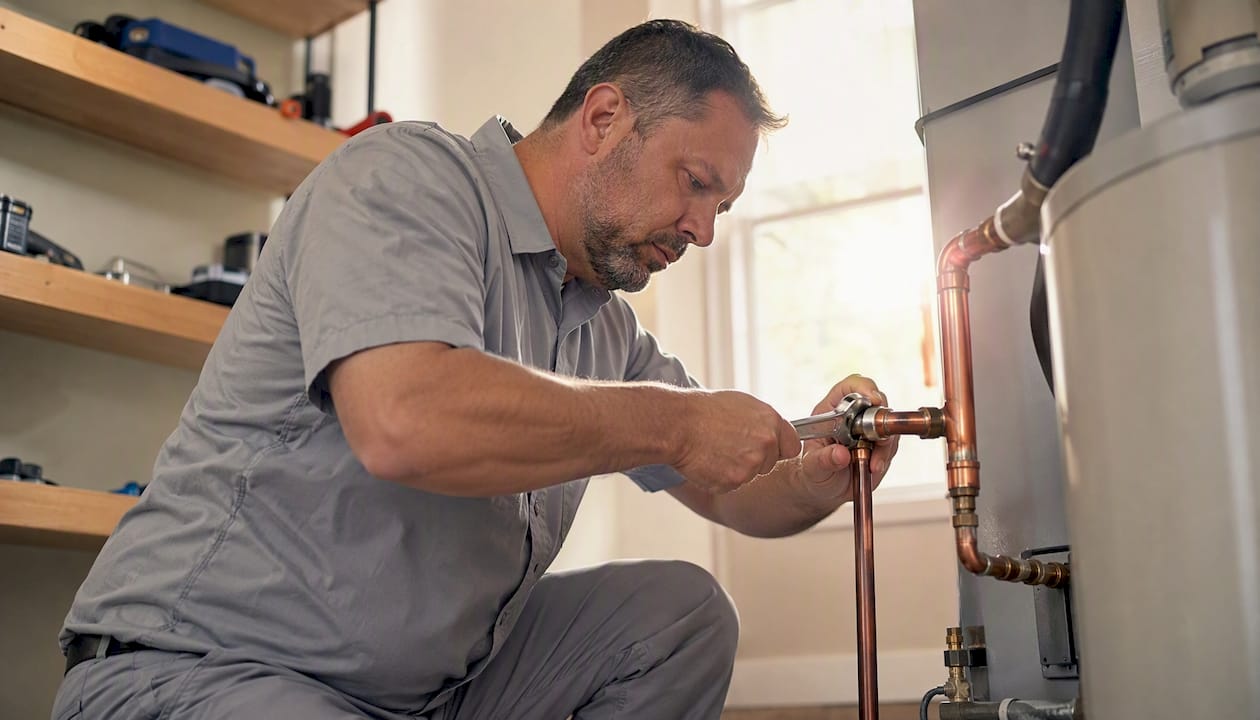 Plumber installing water heater pipes