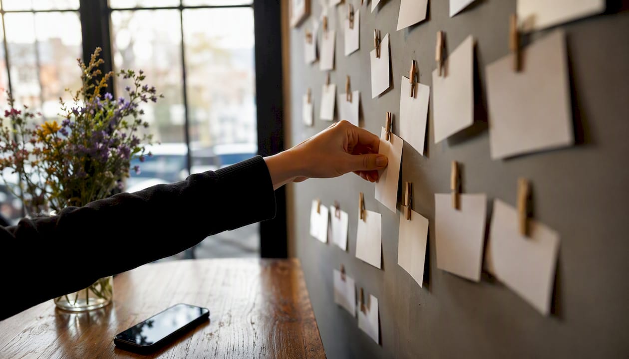 Hand placing positive review card on wall display