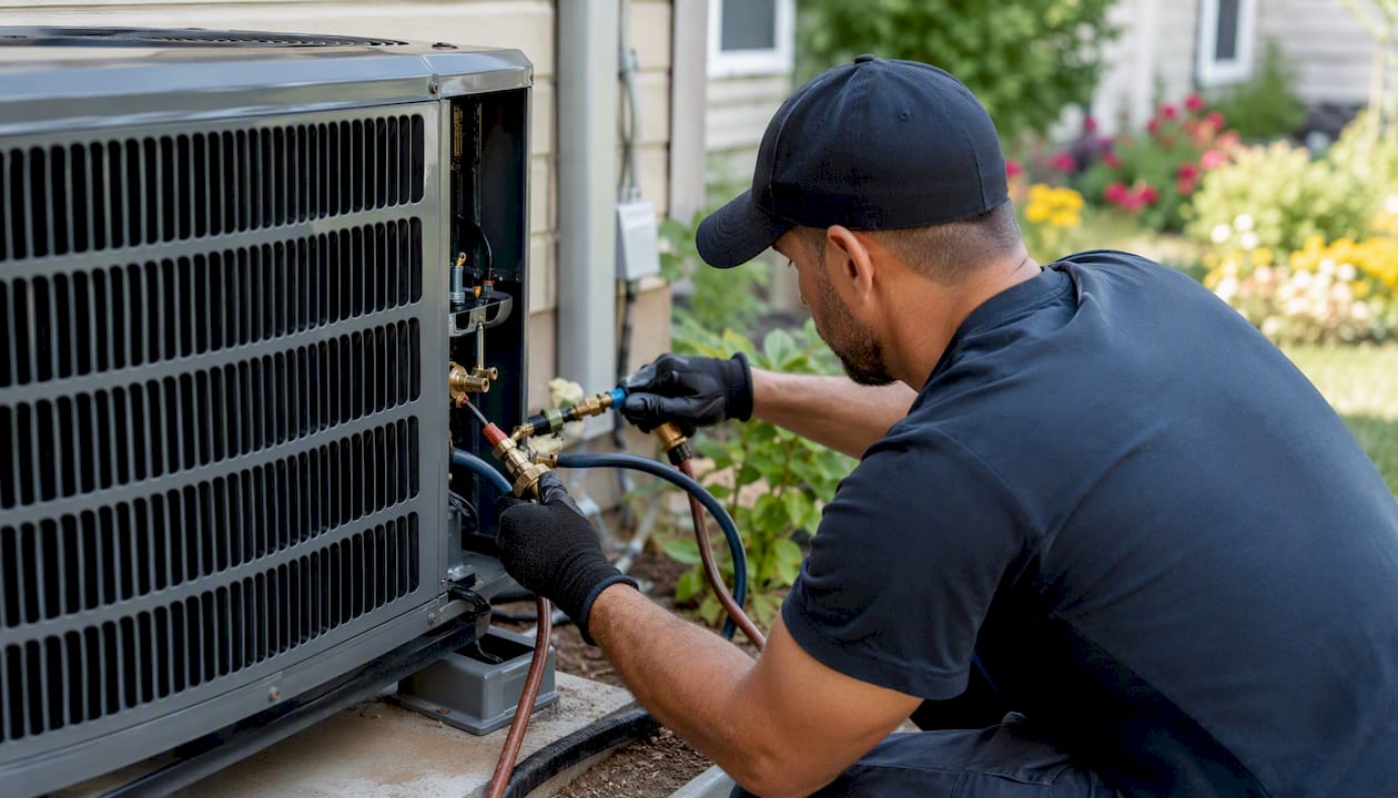 Technician connecting refrigerant lines on AC unit