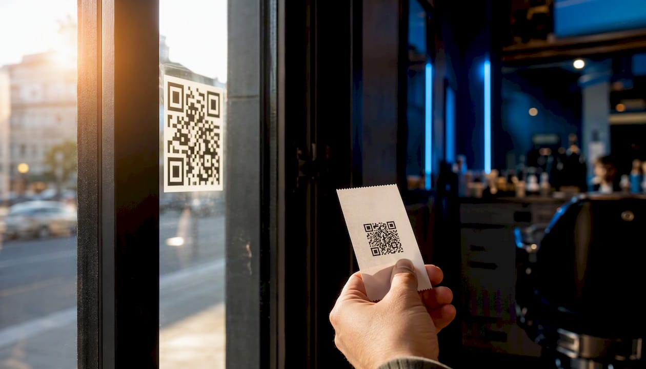 QR codes on salon window decal and receipt