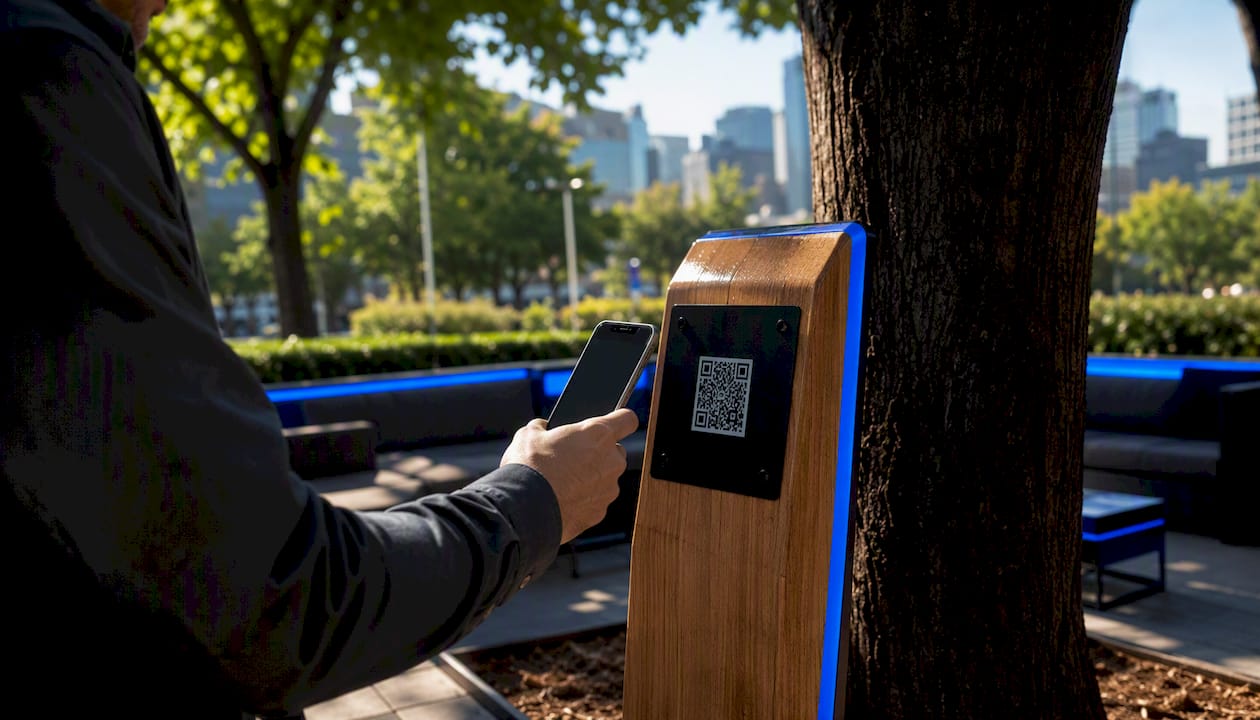 Hand scanning QR code with smartphone
