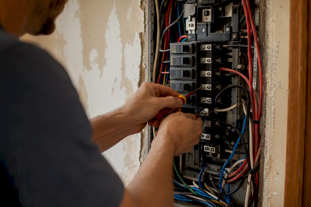 Electrician upgrading electrical panel wiring