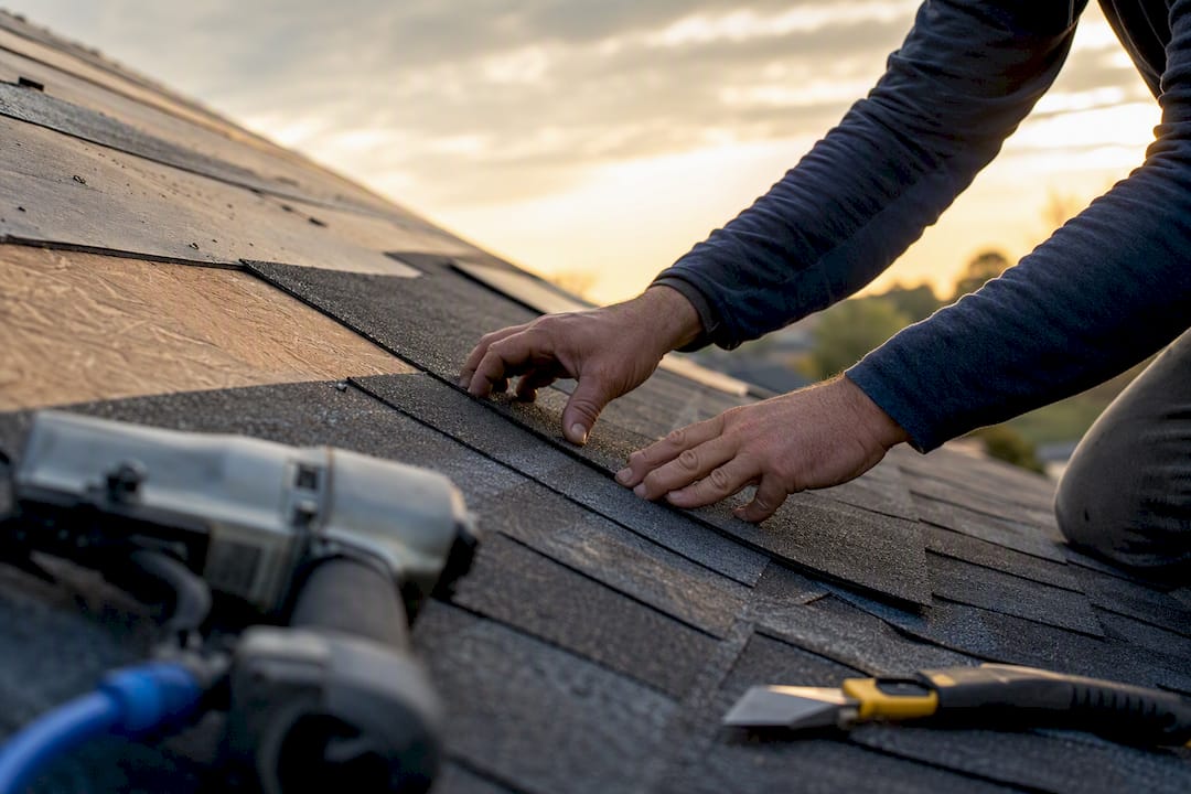 Hands installing asphalt shingles on roof