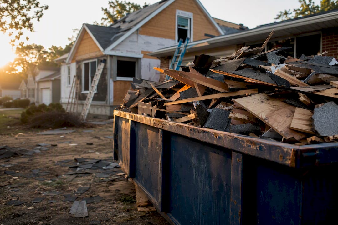 Dumpster filled with roofing debris at home site