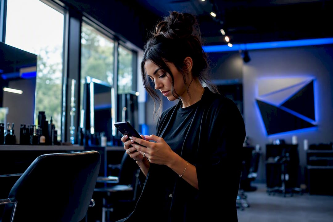 Stylist typing bio on phone in modern salon