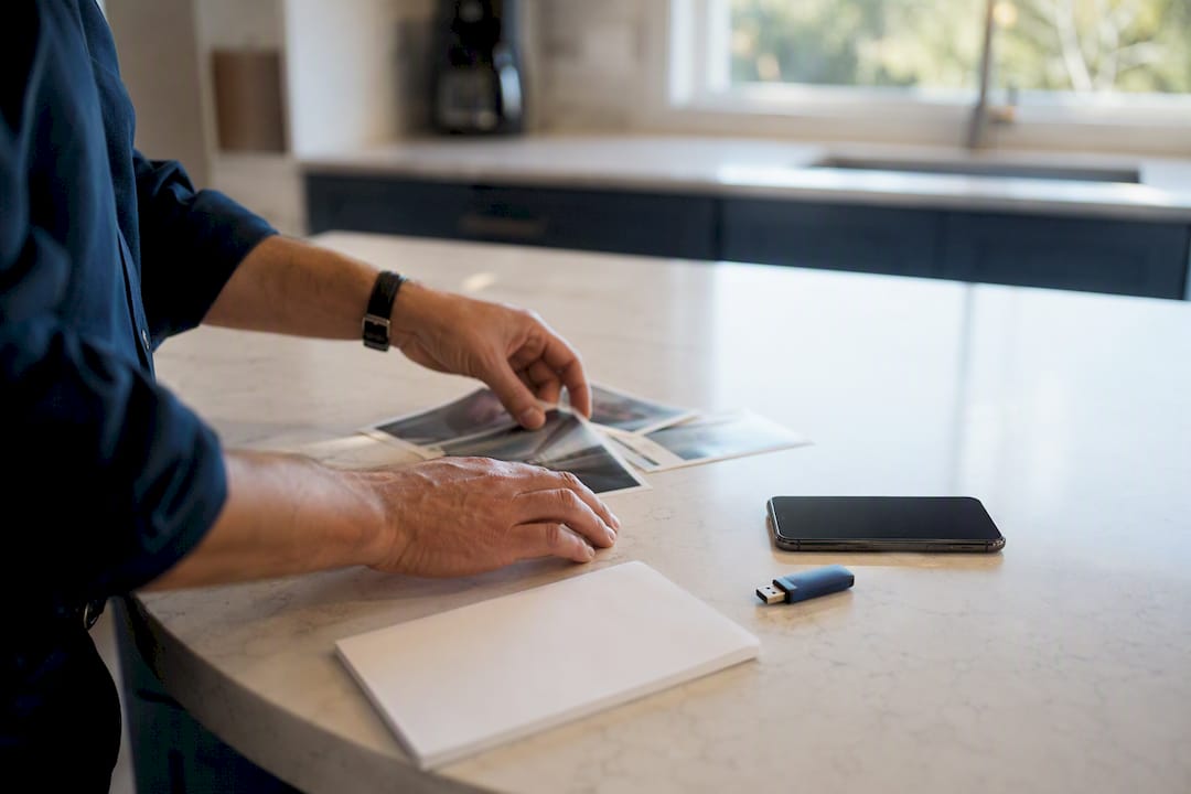Hands organizing digital evidence on table