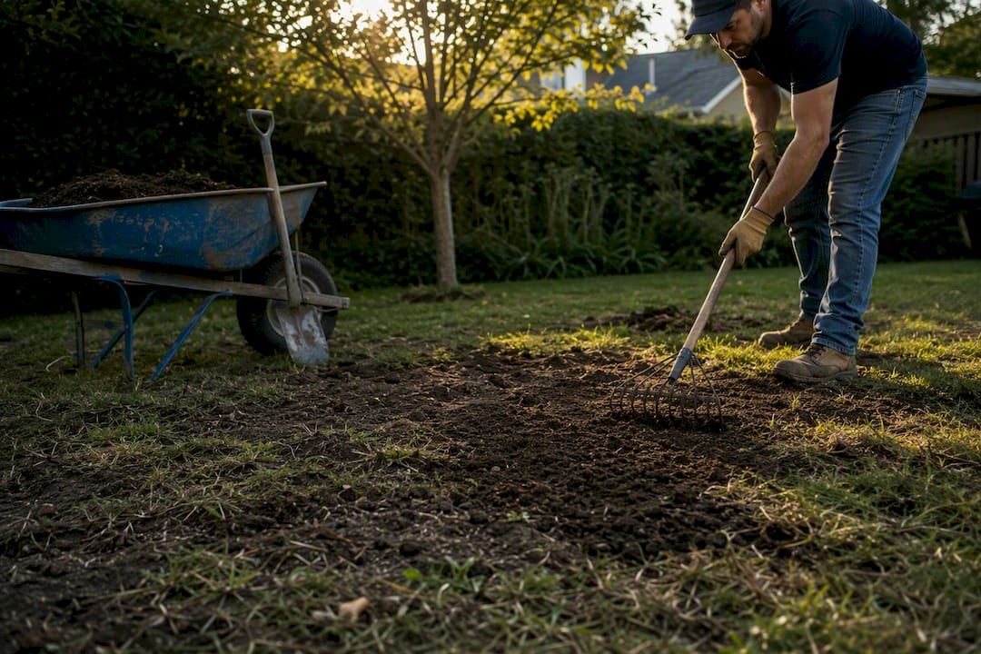 Hands repairing damaged lawn after storm