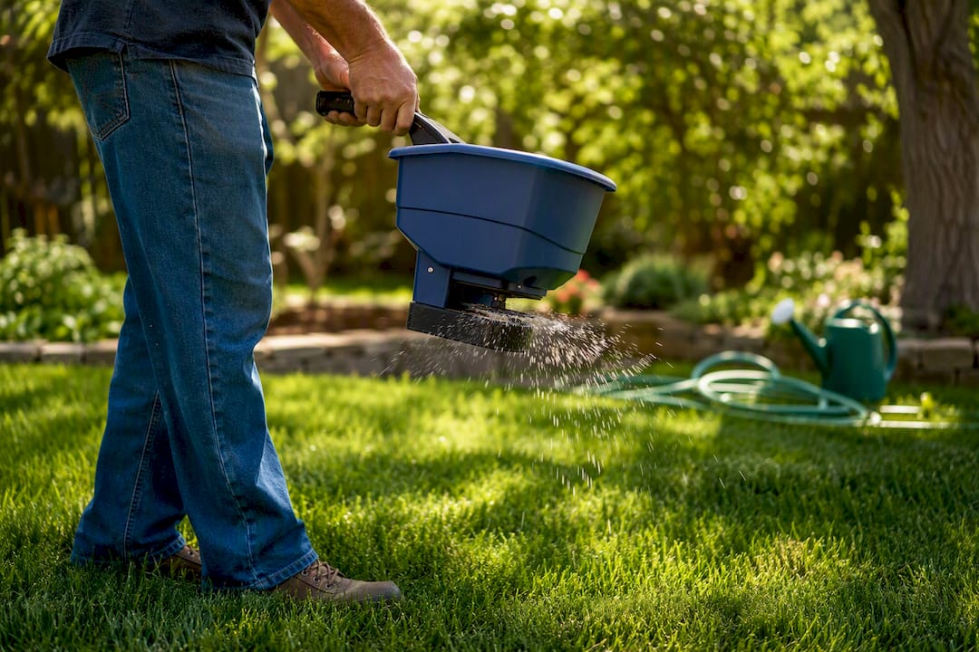 Hands spreading fertilizer during DIY lawn care