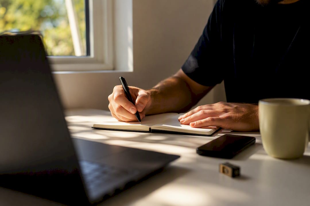 Hands writing code logic on notebook