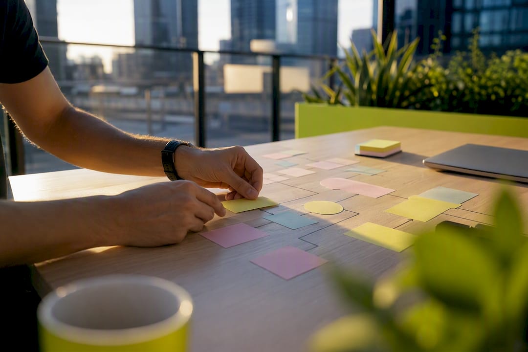 Hands arranging workflow cards on table