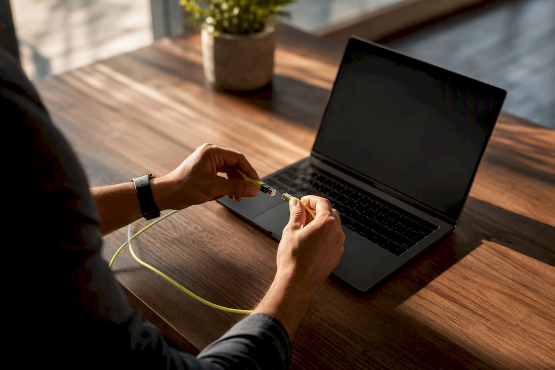 Hands holding network cable near laptop