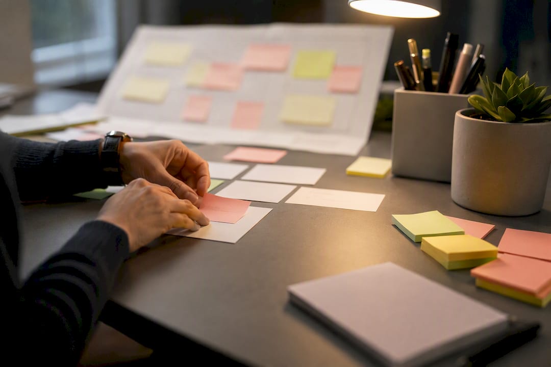 Hands arranging onboarding dashboard materials