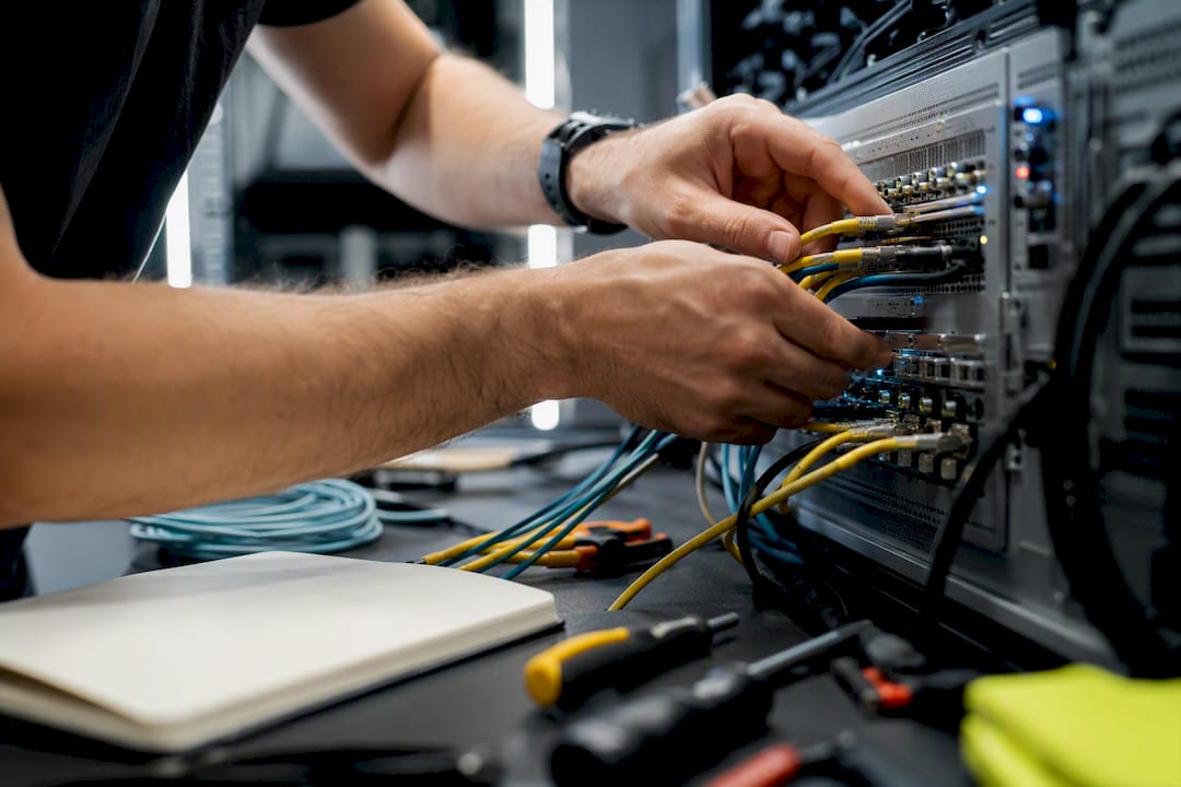 Hands wiring network cables in tech setup