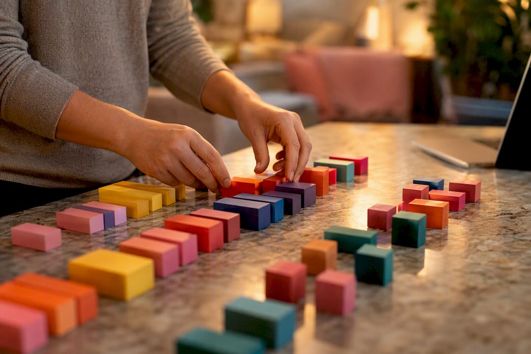 Hands arranging translucent data blocks