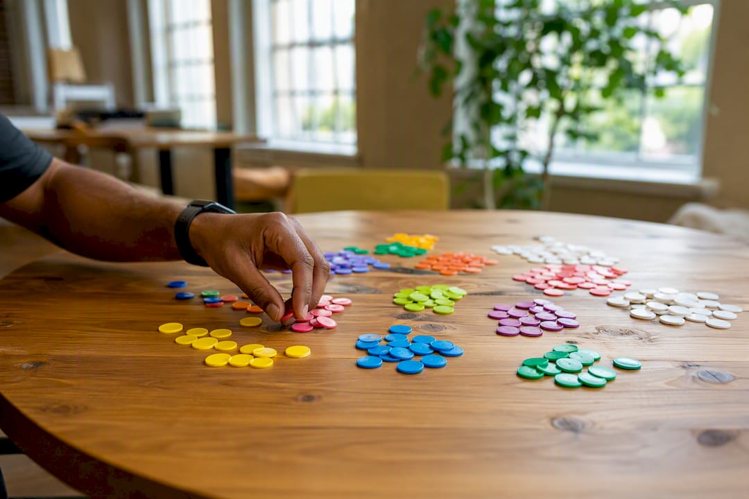 Hand sorting data tokens on tabletop