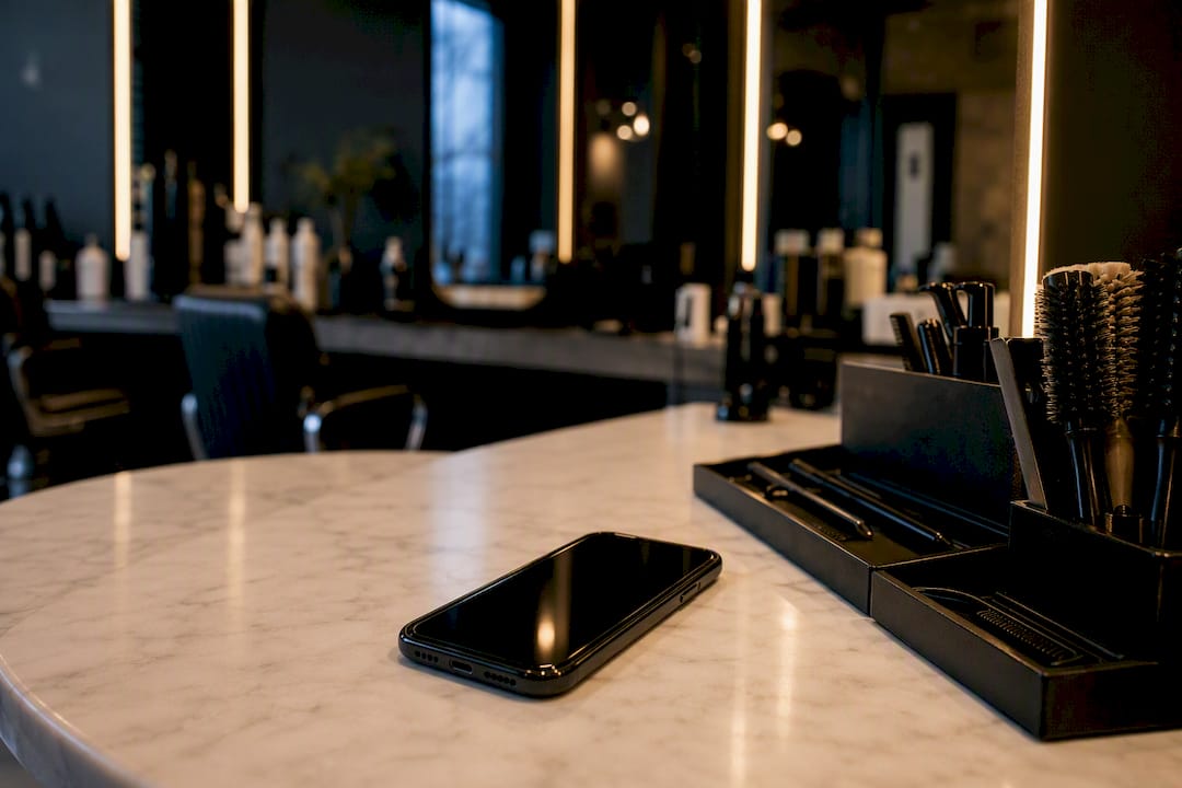 Smartphone on salon counter with barber tools