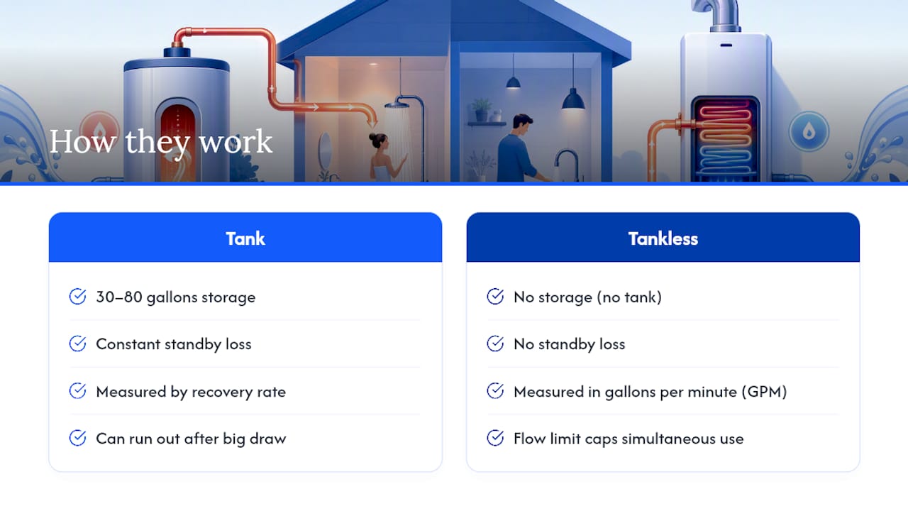 Diagram comparing tank and tankless water heater operation