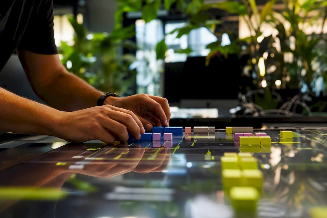 Hands arranging digital data blocks on overlay table