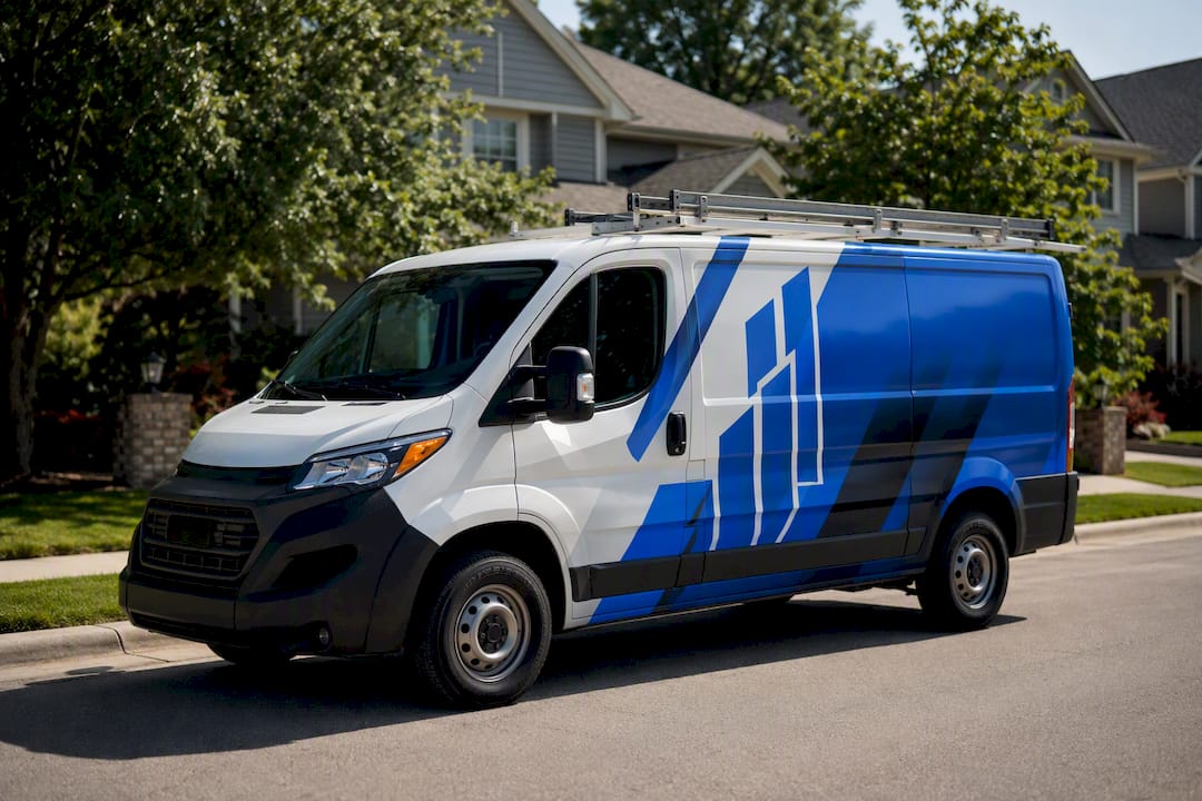 Vinyl-wrapped HVAC service truck in neighborhood