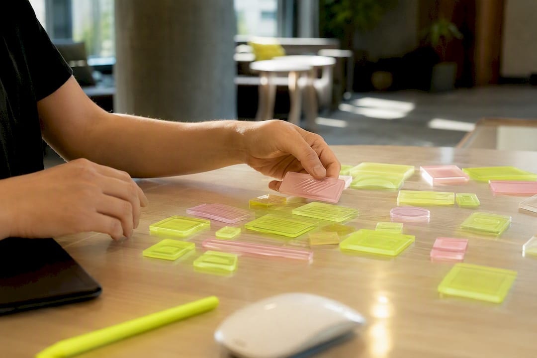 Hands sorting modular content blocks