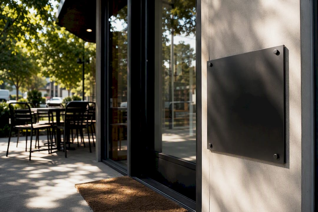 Business storefront with contact information block