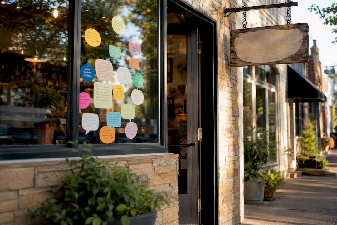 Local business window with customer review stickers