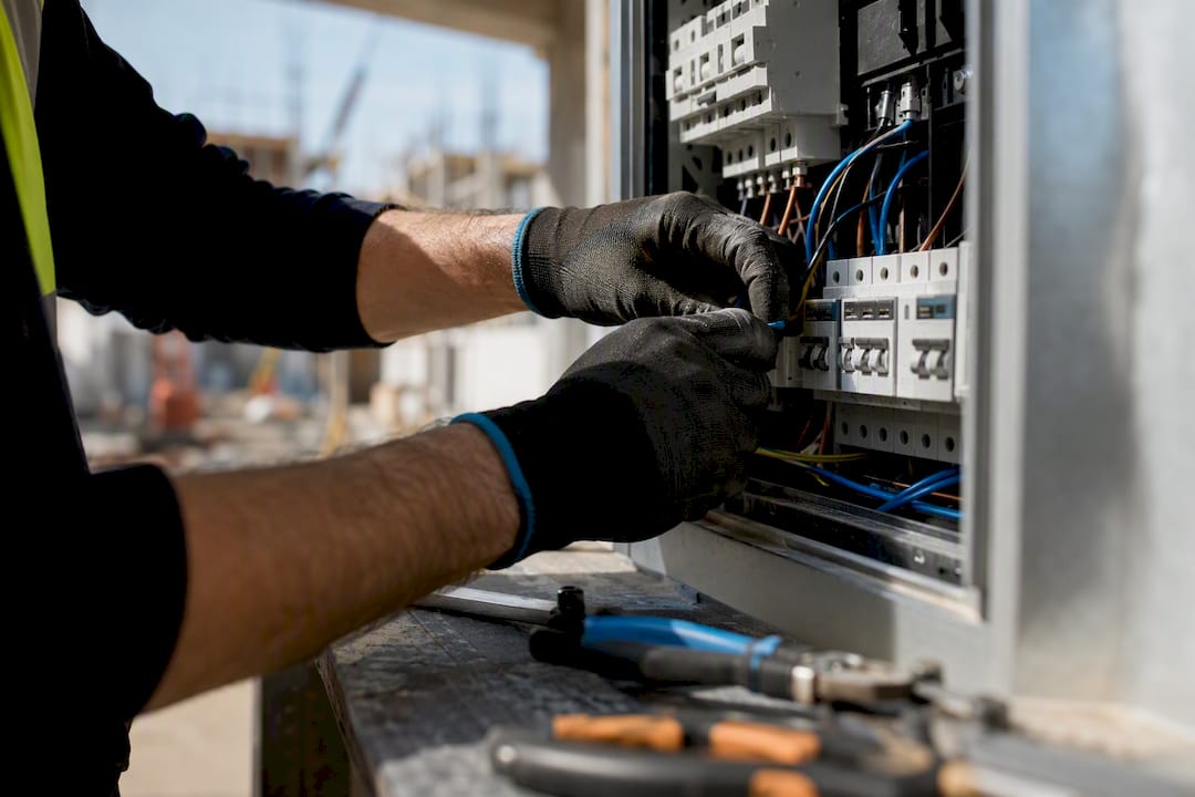 Electrician hands wiring breaker panel close-up