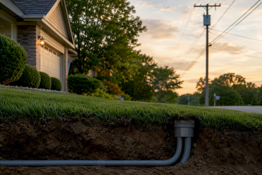 Overhead power lines and underground conduit side by side