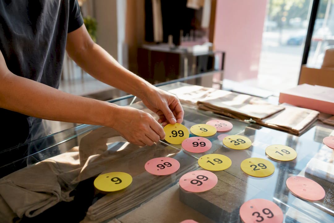 Hands placing rounded price tags on tabletop