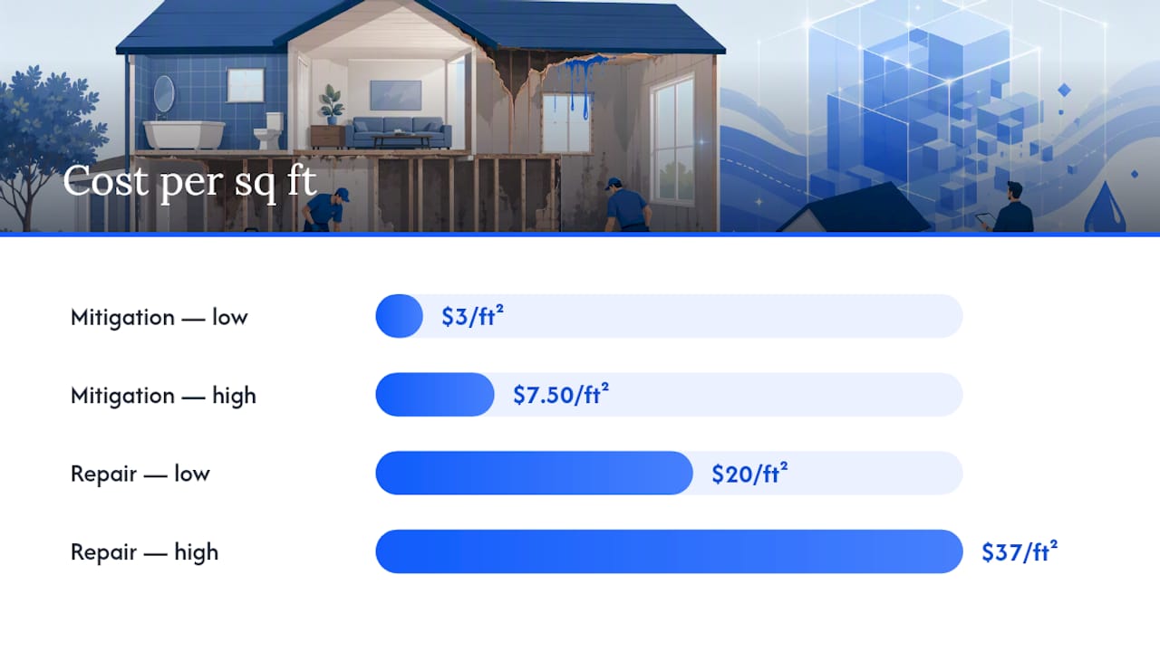 Water damage cost comparison per square foot diagram